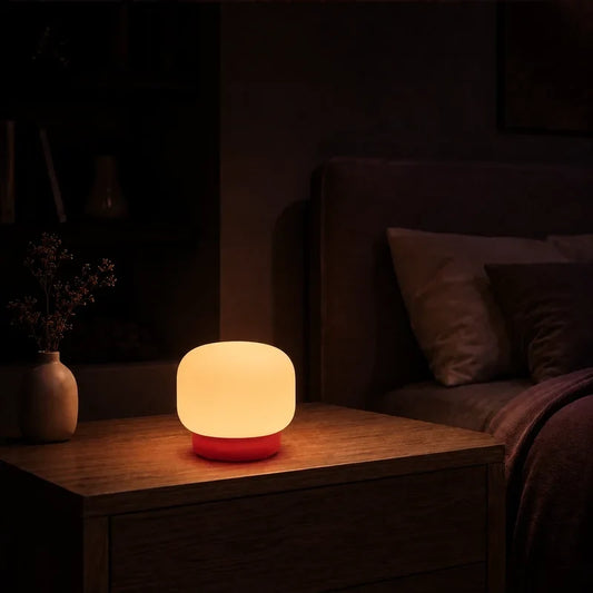 Lampe arrondie avec base rouge allumée dans une chambre adulte chaleureuse.