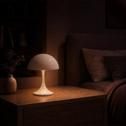 Lampe champignon blanc allumée dans une chambre adulte chaleureuse.