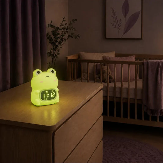 Veilleuse réveil en forme de grenouille allumée sur une commode dans une chambre de bébé.