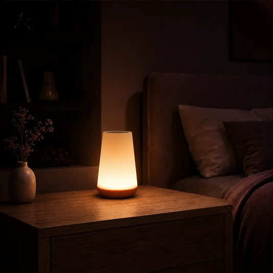 Veilleuse d’ambiance conique allumée dans une chambre adulte chaleureuse.