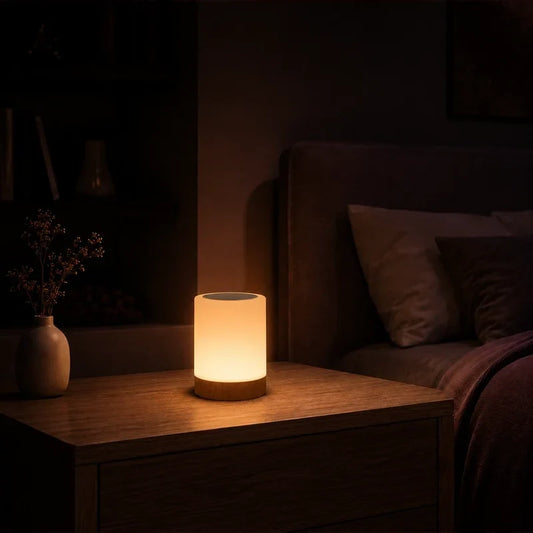 Veilleuse d’ambiance cylindrique avec base imitation bois, allumée dans une chambre adulte chaleureuse.