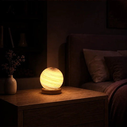 Veilleuse d’ambiance planète Jupiter allumée dans une chambre adulte chaleureuse.