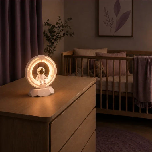 Veilleuse en forme d’astronaute dans un anneau lumineux allumée sur une commode dans une chambre de bébé.