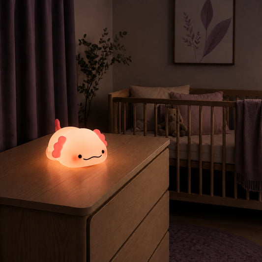 Veilleuse en forme d’axolotl allongé allumée sur une commode dans une chambre de bébé.