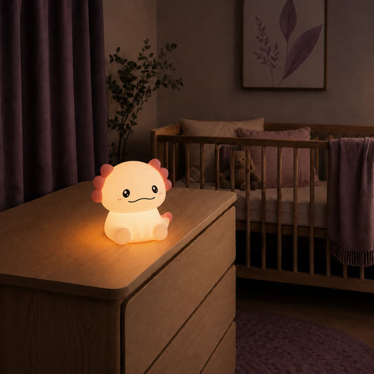 Veilleuse en forme d’axolotl assis allumée sur une commode dans une chambre de bébé.