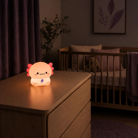 Veilleuse en forme d’axolotl debout allumée sur une commode dans une chambre de bébé.