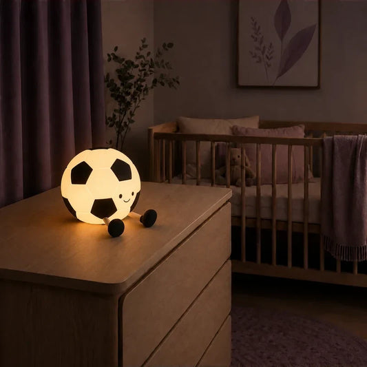 Veilleuse en forme de ballon de football allumée sur une commode dans une chambre de bébé.