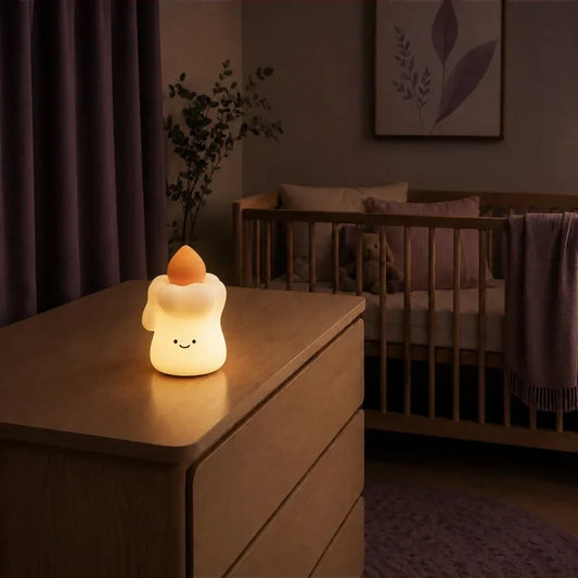 Veilleuse en forme de bougie souriante allumée sur une commode dans une chambre de bébé.