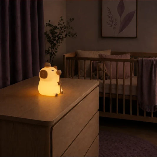 Veilleuse en forme de capybara debout allumée sur une commode dans une chambre de bébé.