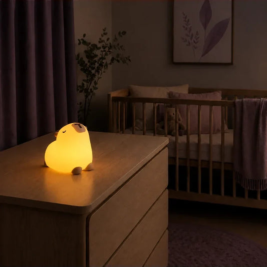 Veilleuse en forme de capybara rond allumée sur une commode dans une chambre de bébé.