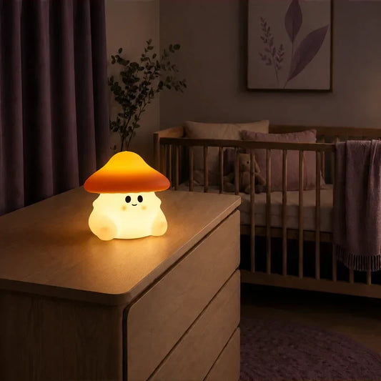 Veilleuse en forme de champignon orange allumée sur une commode dans une chambre de bébé.