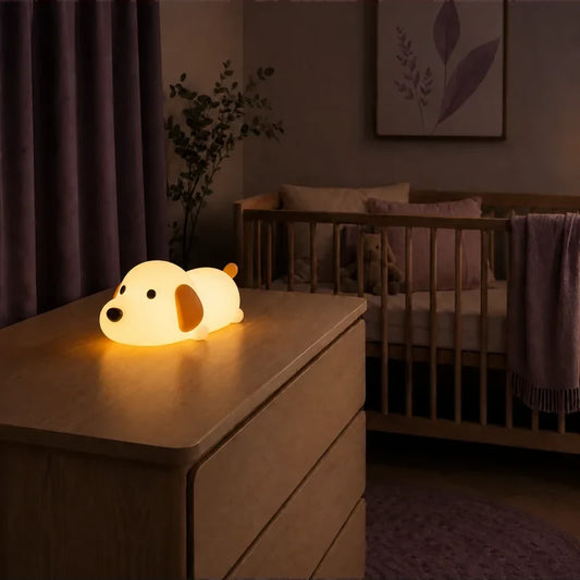 Veilleuse en forme de chien allongé allumée sur une commode dans une chambre de bébé.
