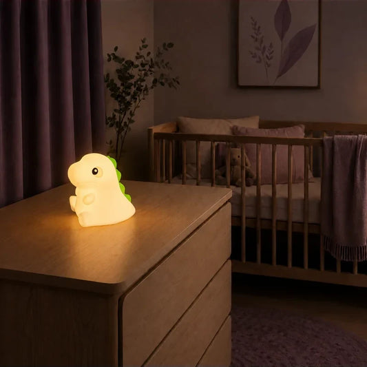 Veilleuse dinosaure tactile rechargeable, de couleur jaune, allumée sur une commode dans une chambre de bébé.