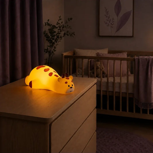 Veilleuse en forme de girafe allongée allumée sur une commode dans une chambre de bébé.
