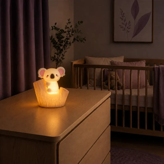 Veilleuse koala installée dans une souche allumée sur une commode dans une chambre de bébé.