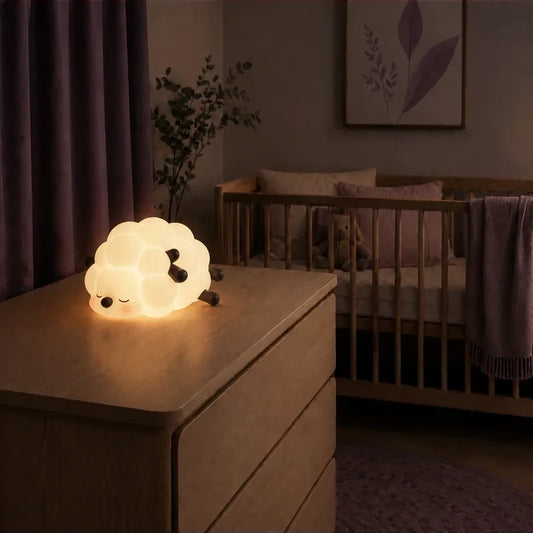 Veilleuse en forme de mouton allongé allumée sur une commode dans une chambre de bébé.