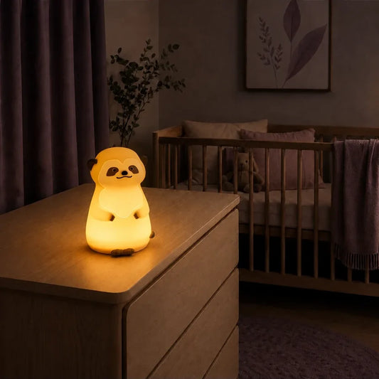 Veilleuse en forme de paresseux allumée sur une commode dans une chambre de bébé.
