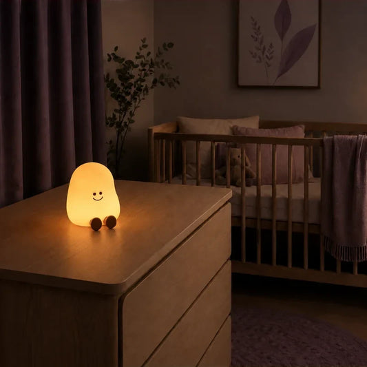 Veilleuse en forme de patate souriante allumée sur une commode dans une chambre de bébé.