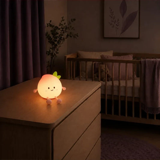 Veilleuse en forme de pêche souriante allumée sur une commode dans une chambre de bébé.
