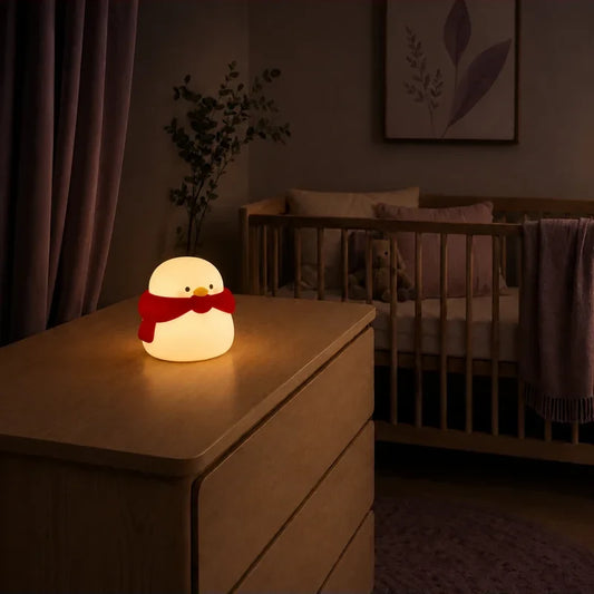 Veilleuse en forme de pingouin avec une écharpe rouge allumée sur une commode dans une chambre de bébé.