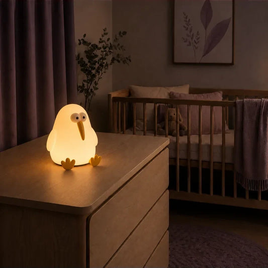 Veilleuse en forme de pingouin à long bec allumée sur une commode dans une chambre de bébé.
