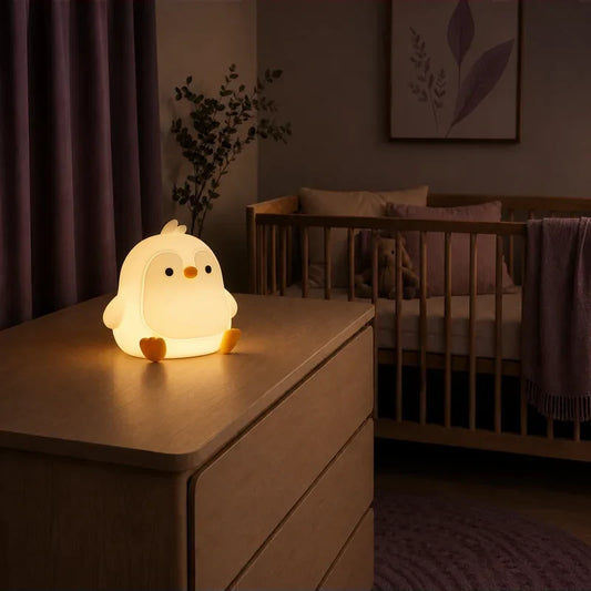 Veilleuse en forme de pingouin rond allumée sur une commode dans une chambre de bébé.