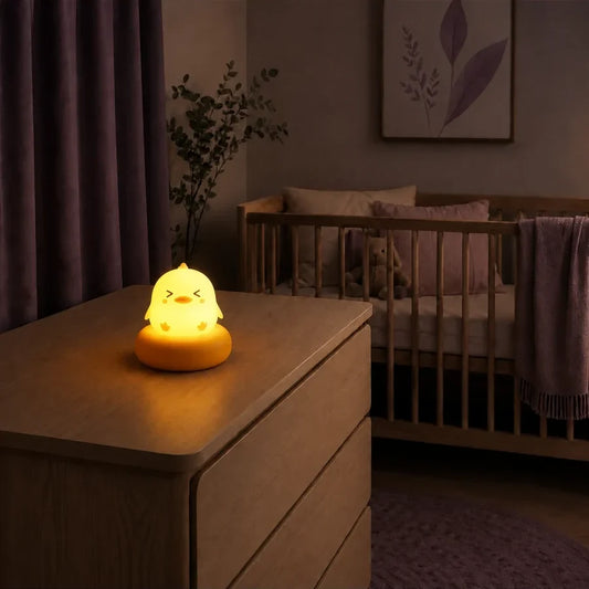 Veilleuse poussin jaune sur socle orange allumée sur une commode dans une chambre de bébé.