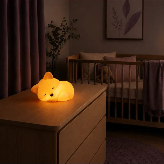 Veilleuse en forme de renard endormi allumée sur une commode dans une chambre de bébé.
