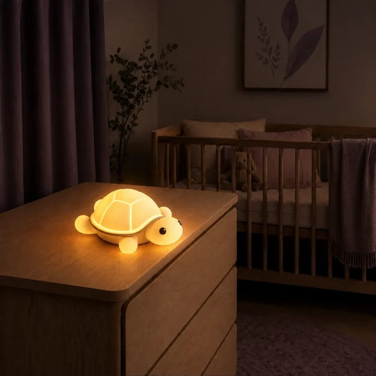Veilleuse tortue à carapace lumineuse allumée sur une commode dans une chambre de bébé.