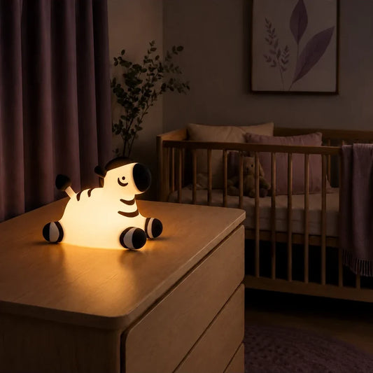 Veilleuse en forme de zèbre allumée sur une commode dans une chambre de bébé.