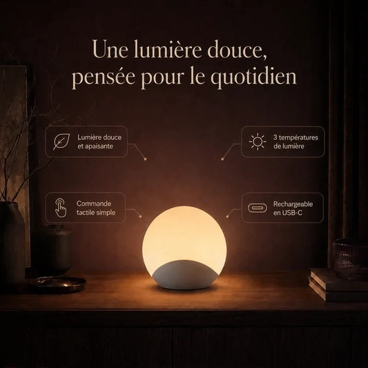 Lampe boule lumineuse sur base grise allumée dans une chambre adulte chaleureuse.