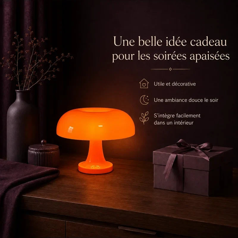 Lampe champignon orange présentée dans une ambiance cadeau.