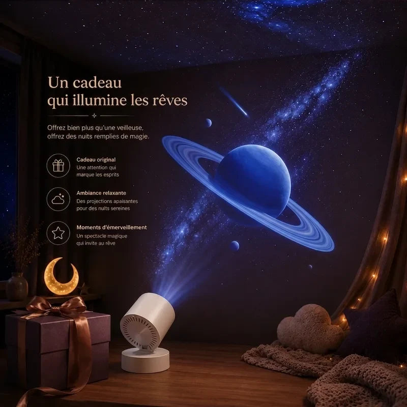 Projecteur planétaire cylindrique présenté dans une ambiance cadeau.