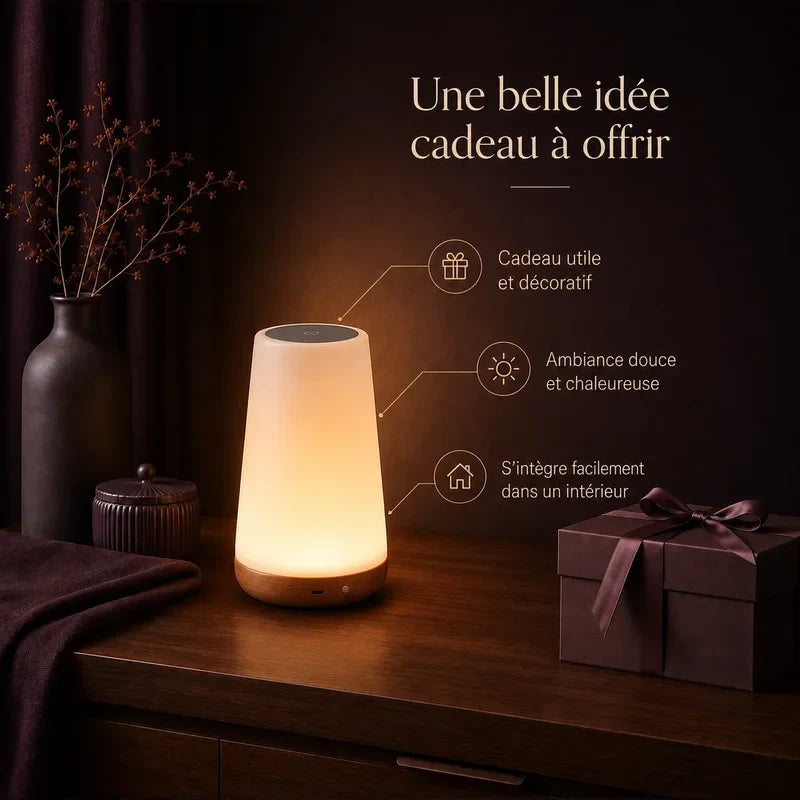 Veilleuse d’ambiance conique présentée dans une ambiance cadeau.