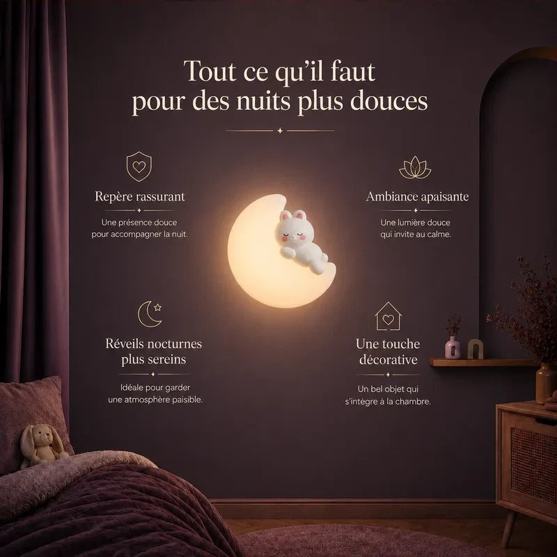 Infographie présentant les bénéfices de la veilleuse murale lune et chat.