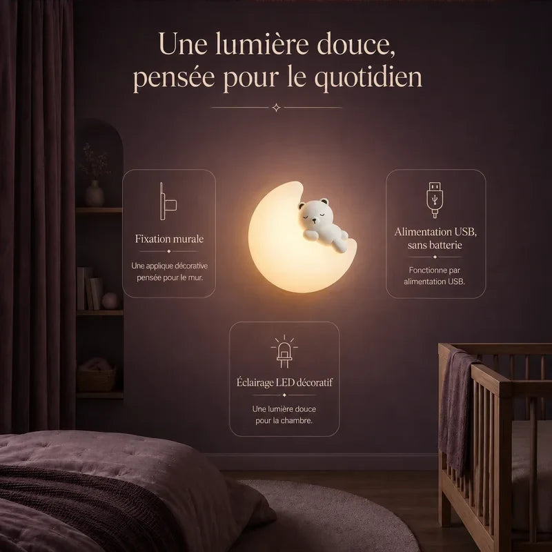 Infographie présentant les caractéristiques de la veilleuse murale lune et ourson.