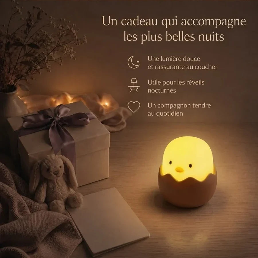 Veilleuse poussin dans sa coquille présentée dans une ambiance cadeau avec une boîte et un ruban.