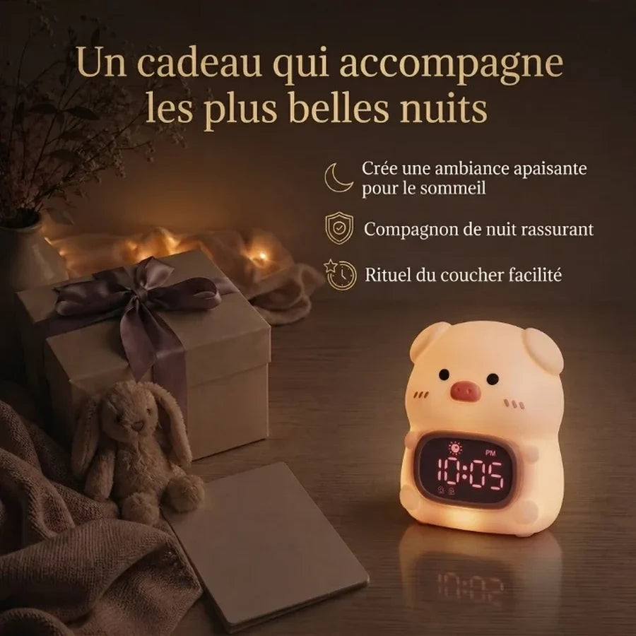 Veilleuse réveil en forme de cochon présentée dans une ambiance cadeau avec une boîte et un ruban.