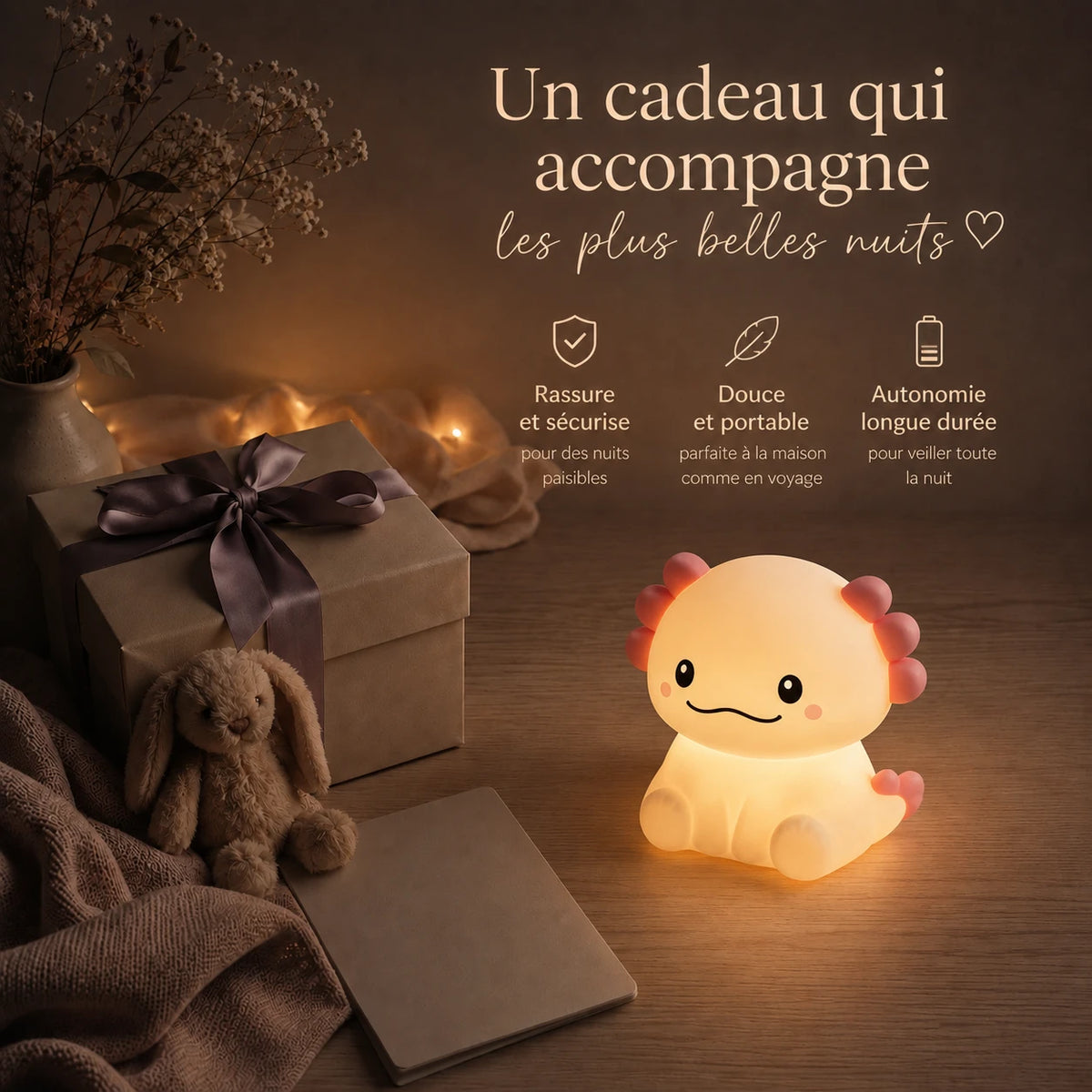Veilleuse en forme d’axolotl assis présentée dans une ambiance cadeau avec une boîte et un ruban.