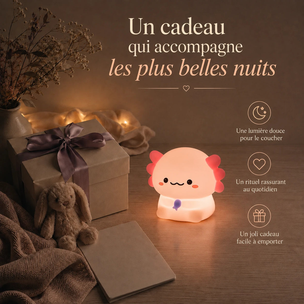Veilleuse en forme d’axolotl debout présentée dans une ambiance cadeau avec une boîte et un ruban.