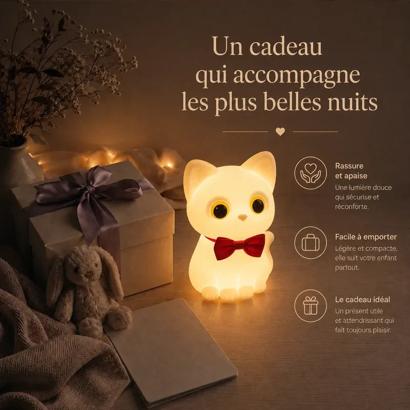 Veilleuse en forme de chat blanc avec un nœud papillon rouge présentée dans une ambiance cadeau avec une boîte et un ruban.