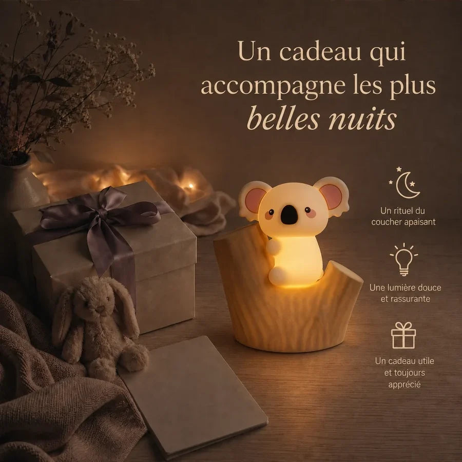 Veilleuse koala installée dans une souche présentée dans une ambiance cadeau avec une boîte et un ruban.