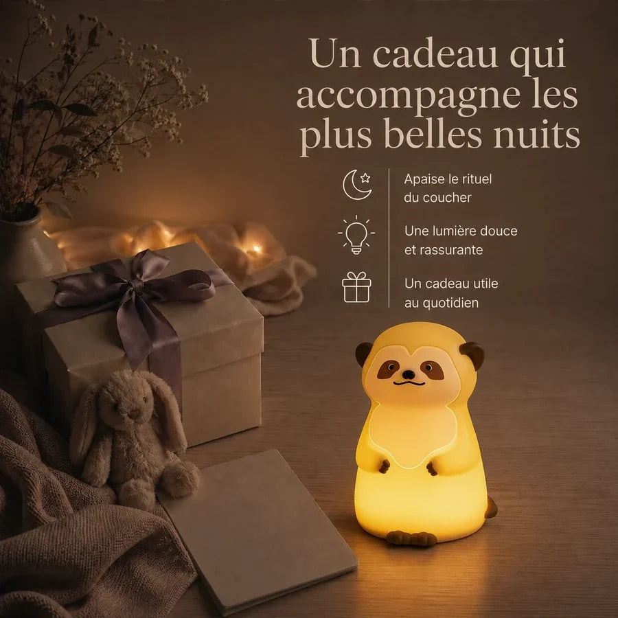 Veilleuse en forme de paresseux présentée dans une ambiance cadeau avec une boîte et un ruban.
