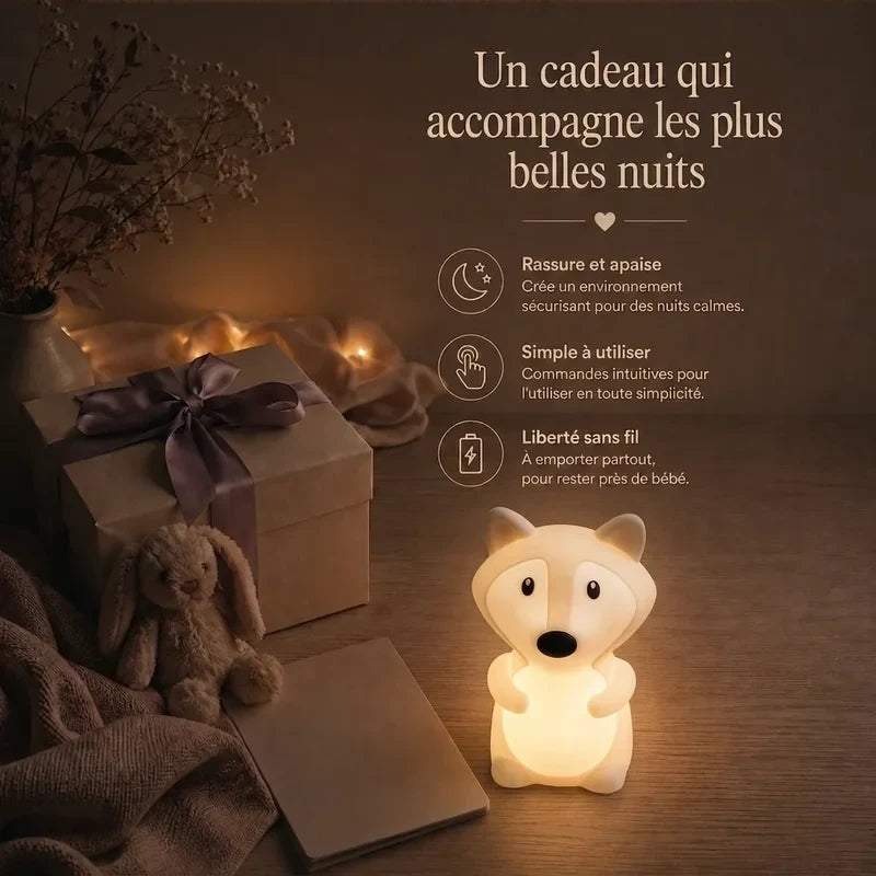 Veilleuse en forme de renard debout présentée dans une ambiance cadeau avec une boîte et un ruban.