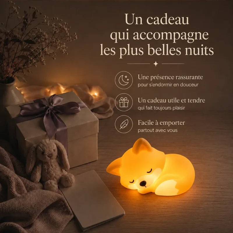 Veilleuse en forme de renard endormi présentée dans une ambiance cadeau avec une boîte et un ruban.