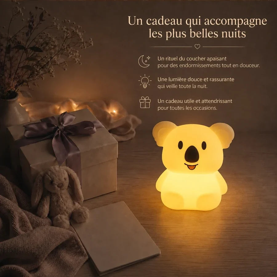 Veilleuse en forme de koala debout présentée dans une ambiance cadeau avec une boîte et un ruban.