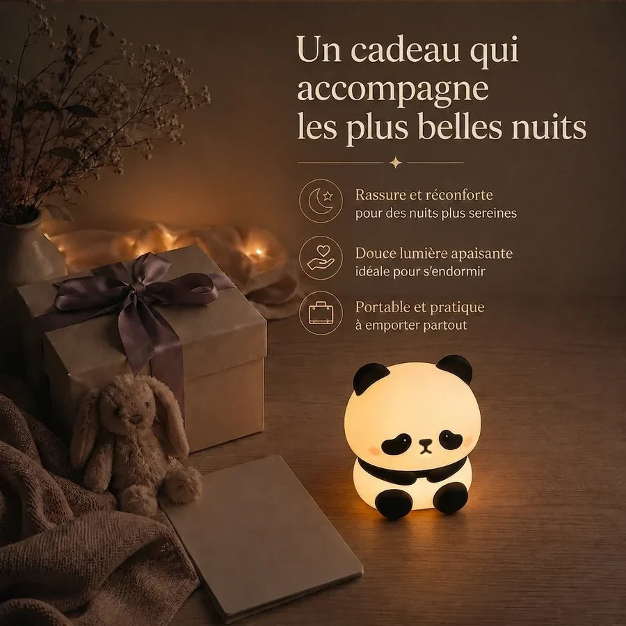 Veilleuse en forme de panda debout présentée dans une ambiance cadeau avec une boîte et un ruban.