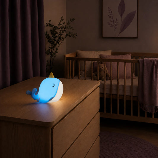 Veilleuse en forme de baleine narval bleue allumée sur une commode dans une chambre de bébé.