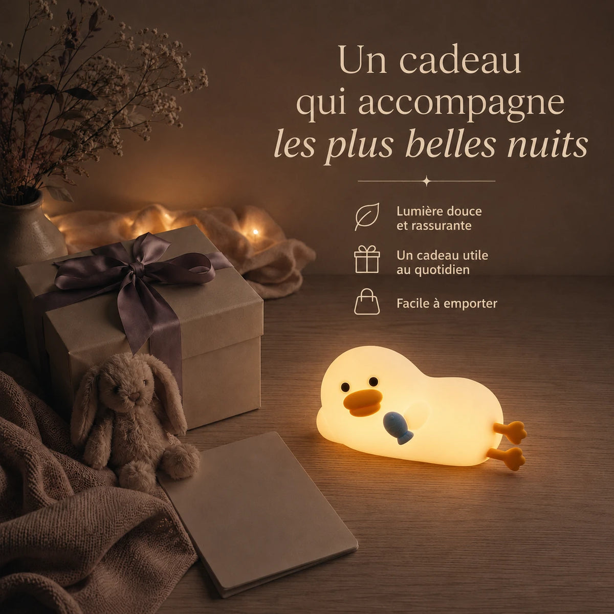 Veilleuse en forme de canard allongé avec un petit poisson bleu présentée dans une ambiance cadeau avec une boîte et un ruban.