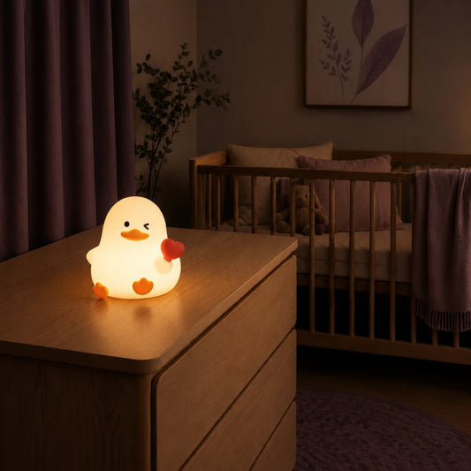 Veilleuse en forme de canard avec un cœur rouge allumée sur une commode dans une chambre de bébé.